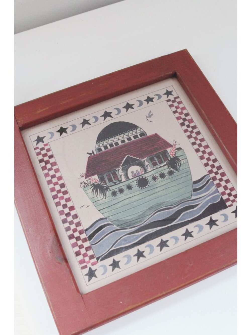 Vintage Noahs Ark Framed Folk Art Wall Decor - Red Wooden Frame - Cottagecore - Picture 3 of 5